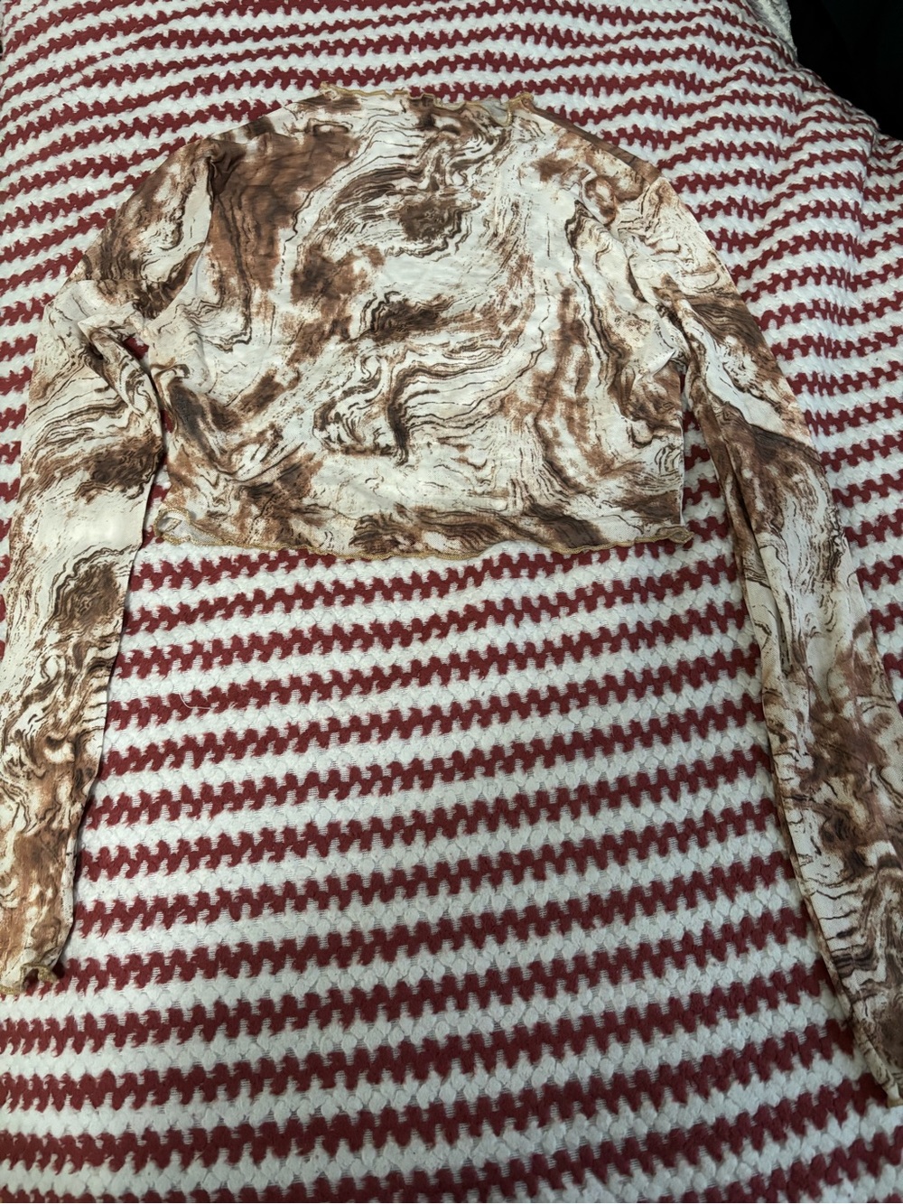 Mesh Marbled Crop Long Sleeve Top - Brown and Cream